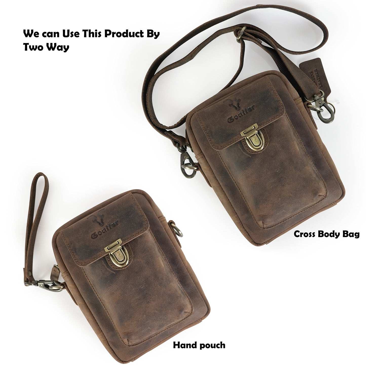 Goatter Hunter Leather Unisex Sling Cross-Body Bag, Compact Organizer, Dual Adjustable Straps, Zipper Closure,