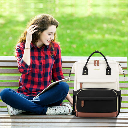 LOVEVOOK Laptop Backpack for Women, Travel Computer Work Bag, Business Teacher Nurse Backpack Purse, 15.6-inch, Beige-Brown-Black, Beige-brown-black, 15.6 Inch