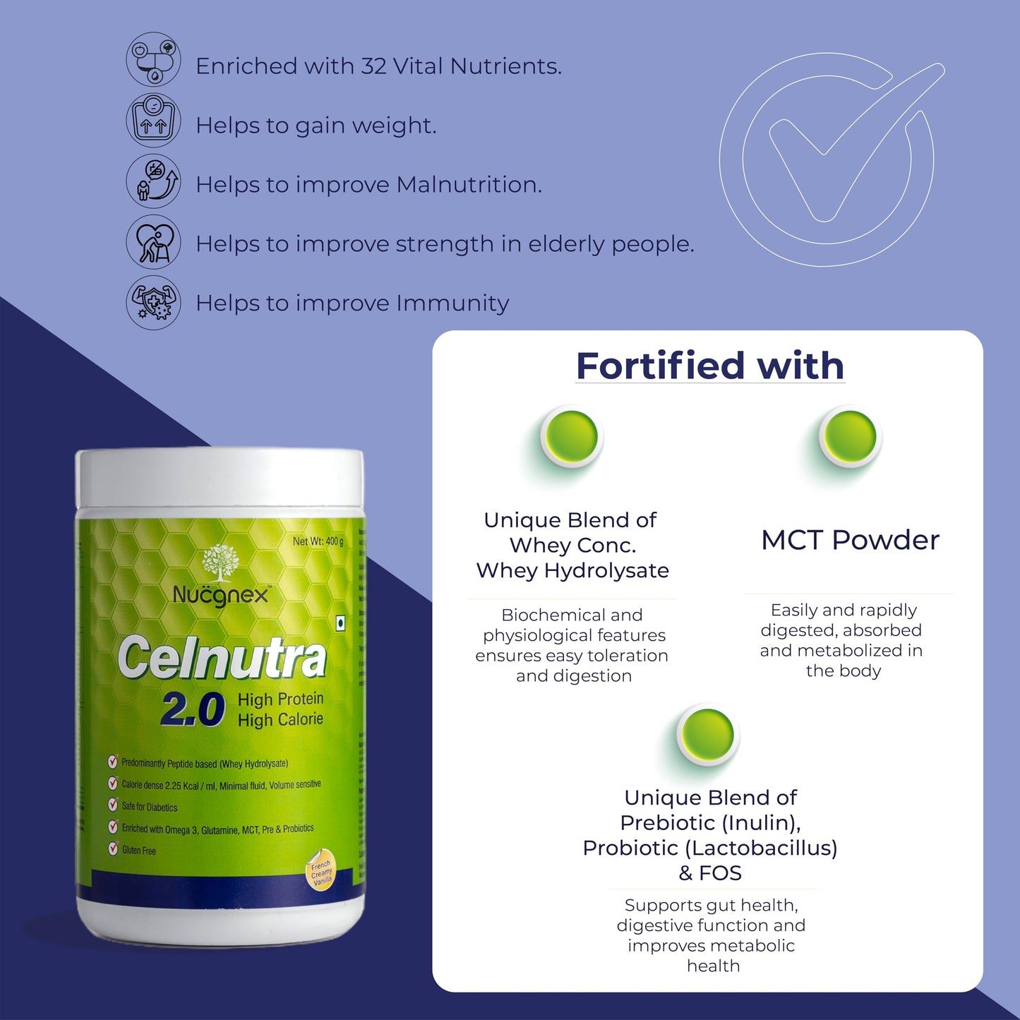 Nucgnex Celnutra 2.0 Advanced Recovery Nutrition Powder | High-Calorie Nutritional Drink for Faster Recovery | High Protein with MCT | With Probiotics | 400g
