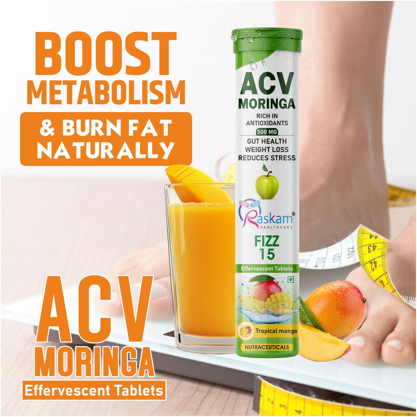 Raskam ACV Moringa Effervescent Tablets 500mg – Tropical Mango, Antioxidant Immunity Booster, Appetite & Energy Support, Sugar Free – 15 Fizz Tabs (Pack of 2)