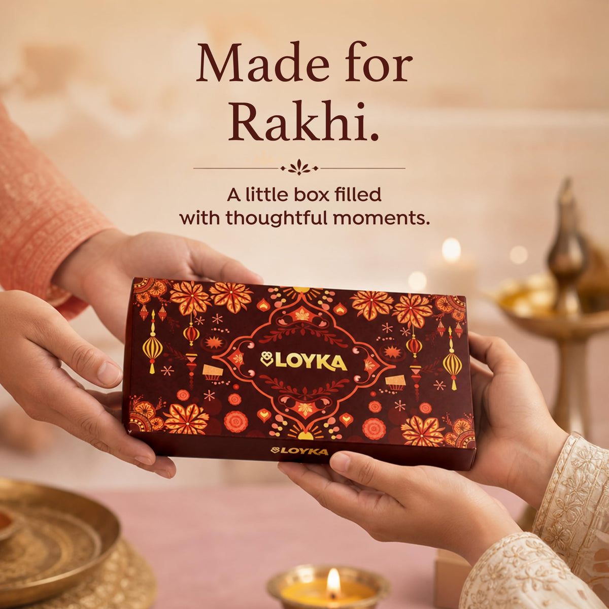 LOYKA Bond & Brittle Rakhi Gift Hamper for Brother & Sister - 8 Inclusions - Premium Almond Brittle Gold, Brownie & Paancho Chocolate Sweets Combo Box with Rakhi, Roli Chawal - Rakshabandhan Gift Set