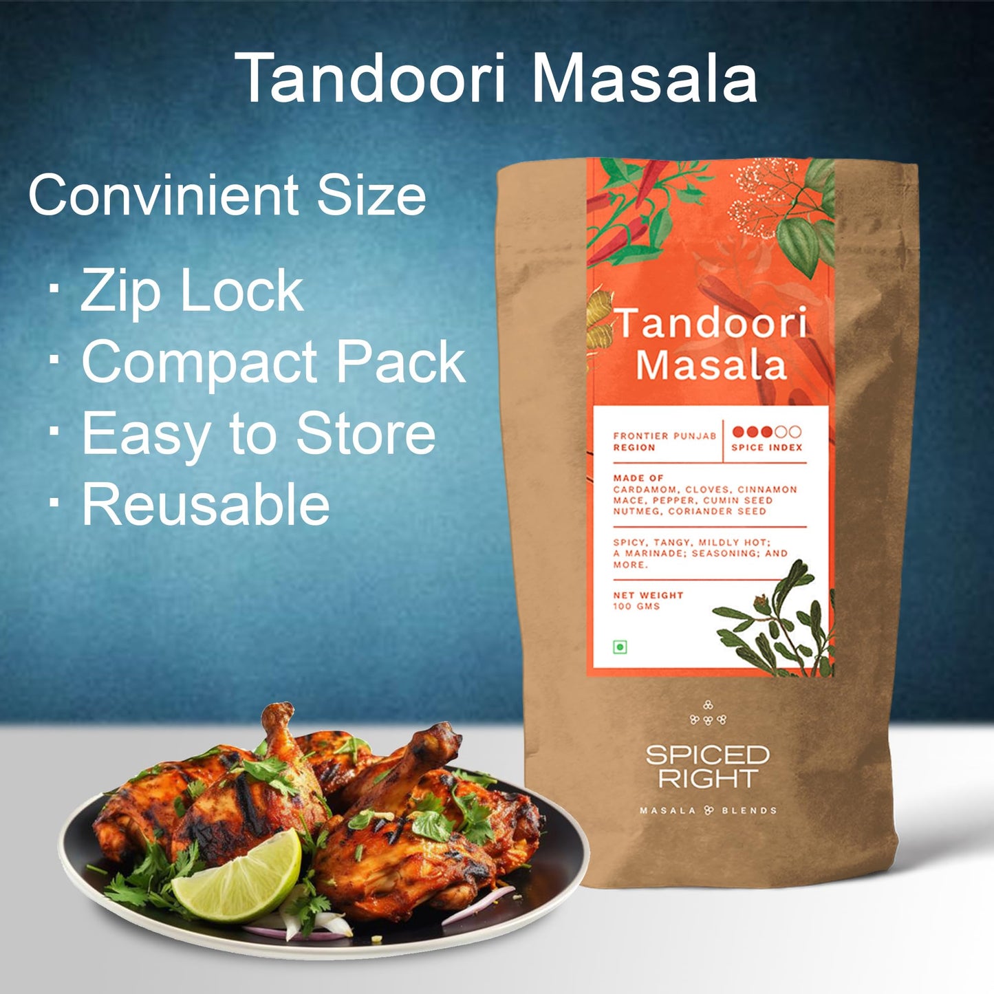 Spiced Right Tandoori Masala: 200g of Rich, Smoky Powder Masala with Garlic for Tikka, Tandoori Chicken & Paneer – Vibrant Red, Perfect for Marinating.