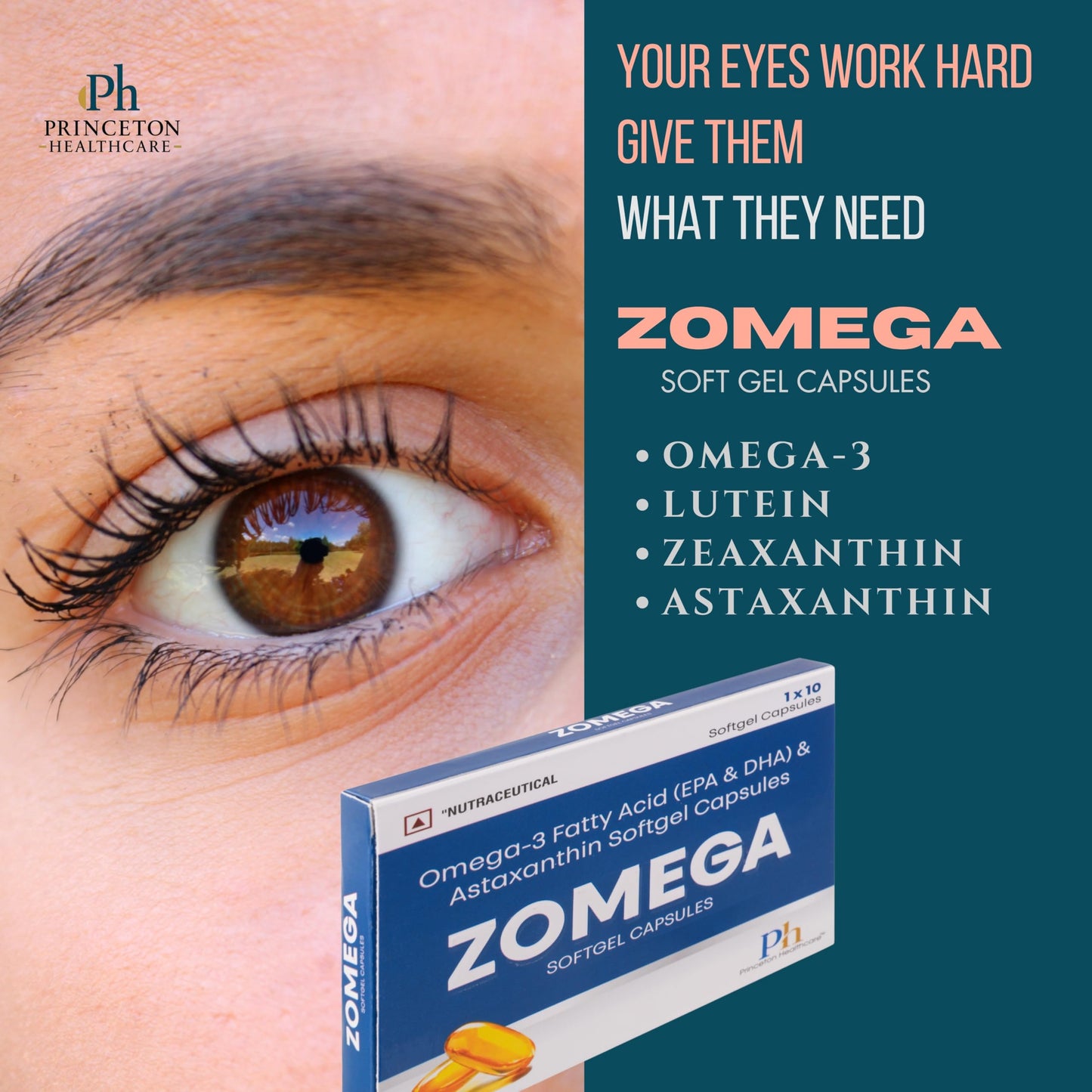 ZOMEGA Omega-3 Eye Health Softgel Capsules with Lutein, Zeaxanthin & Astaxanthin | Vision Support, Blue Light Protection & Retinal Health | Advanced AREDS-Inspired Formula | 10 Softgels