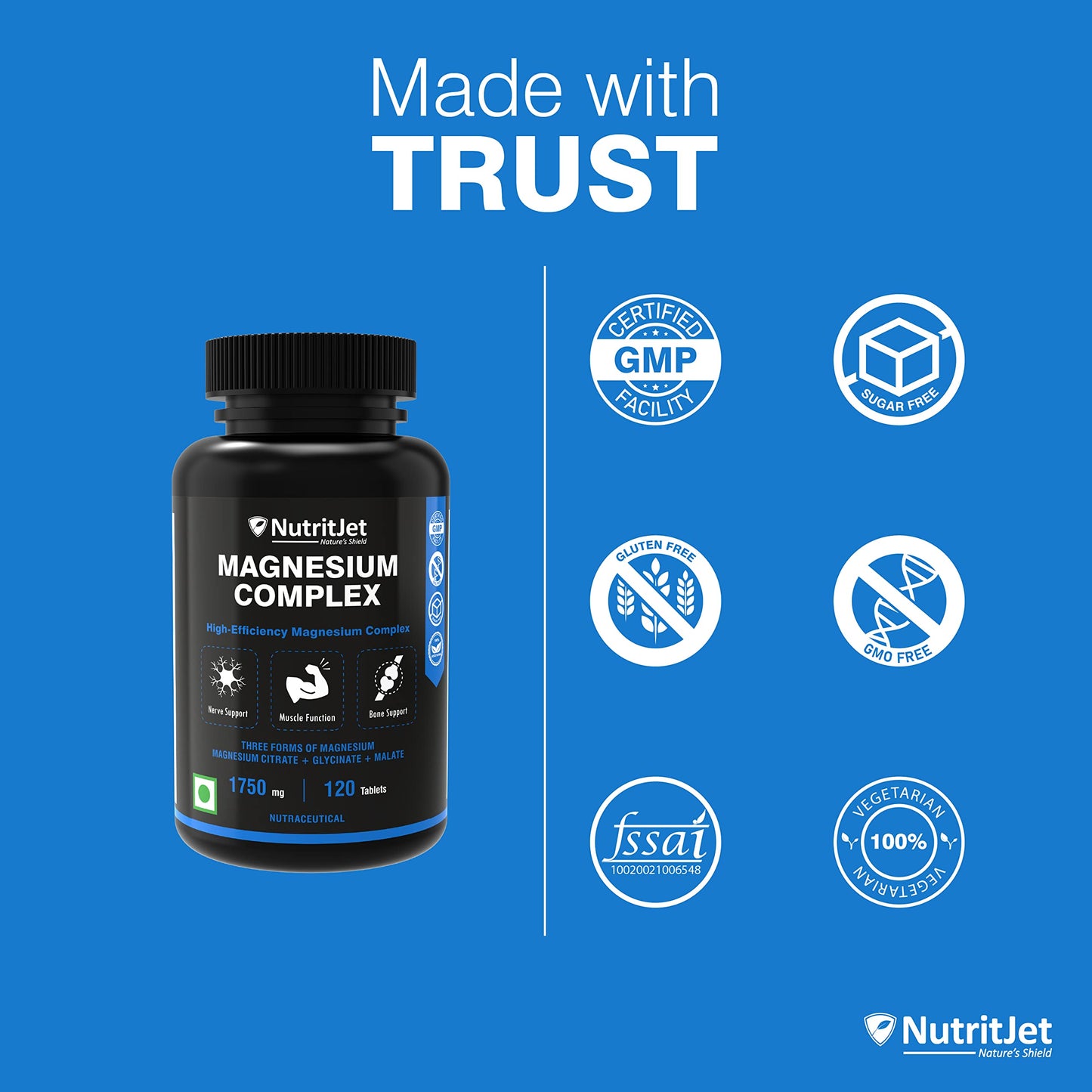 NutritJet Magnesium Glycinate Citrate Malate Complex | Max Absorption, Support Heart, Sleep, Muscle Health, Non-GMO & Gluten Free | 1750mg - For Men & Women 120 Tablets