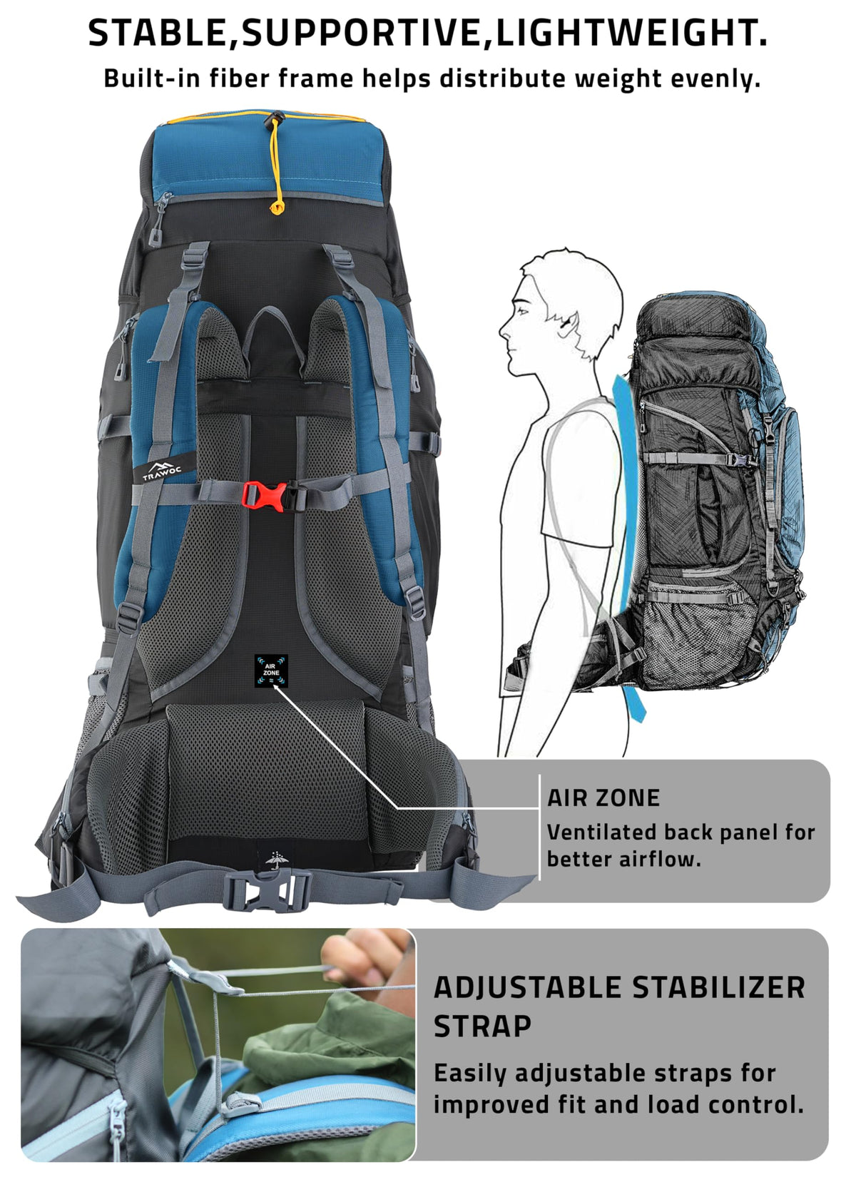 TRAWOC VALOR MAX 75 Ltr Travel Backpack Camping Hiking Trekking Bag Rucksack for Men & Women with Rain Cover/Shoe Compartment, English Blue, 3 Year Warranty