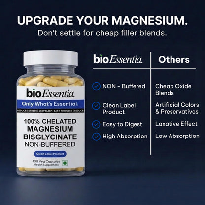 BioEssentia Magnesium Bisglycinate 1200 mg per Serving | 100% Chelated, Non-Buffered Magnesium Supplement | High Absorption | Supports Sleep, Stress & Muscle Recovery | 100 Veg Capsules