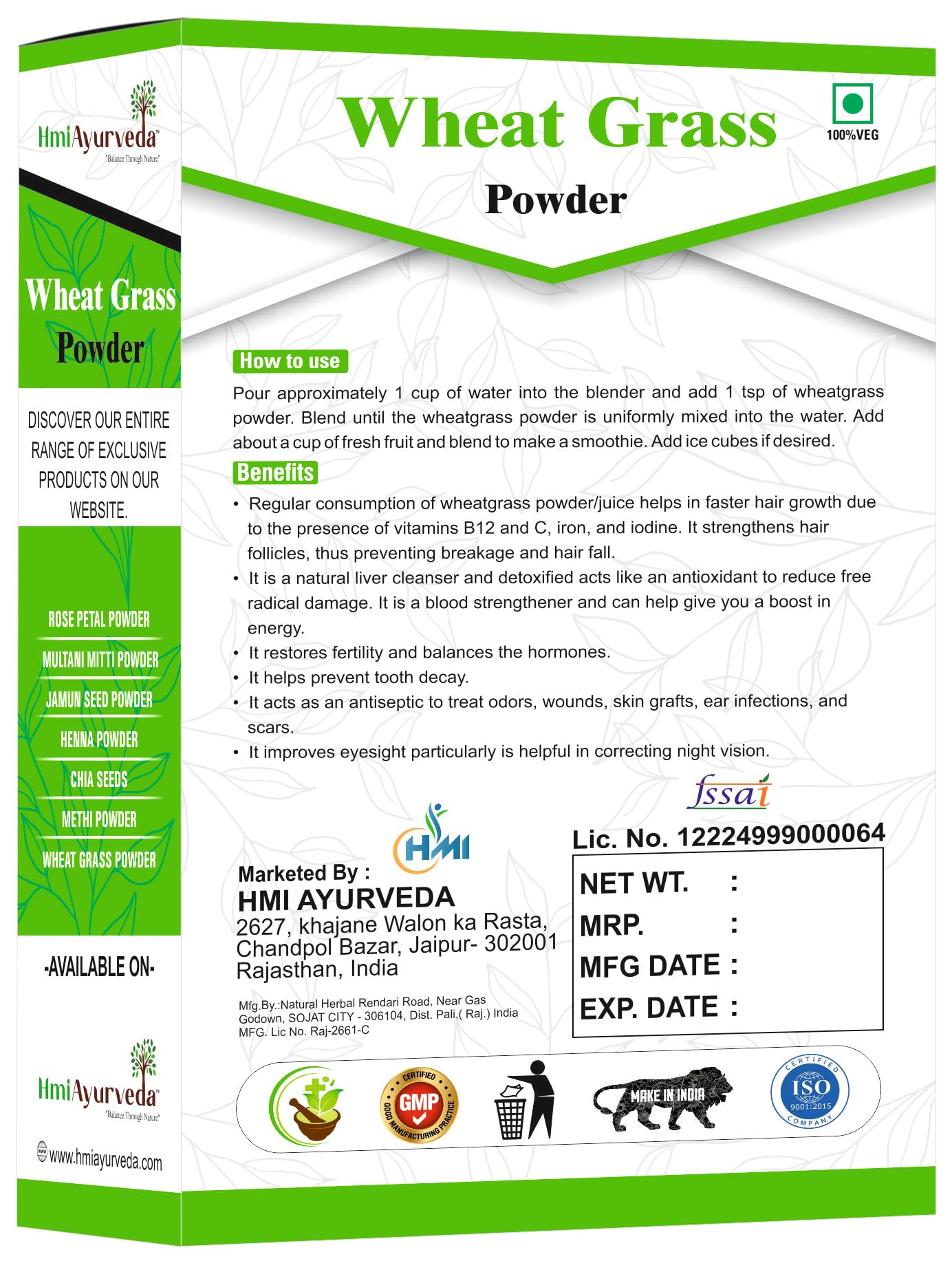 HMI AYURVEDA 100% Natural Wheat Grass Powder (200g) – Pure, Preservative free, Non-GMO