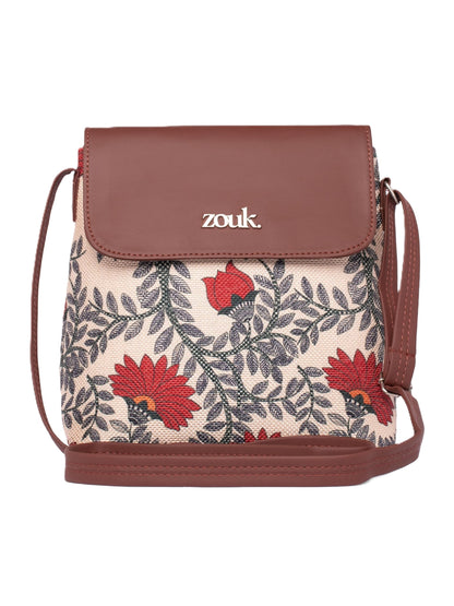 ZOUK Nawabi Couture Floral Printed Women’s Jute Sling Bag | Handcrafted Vegan Leather Multicolor Flap Shoulder Bag
