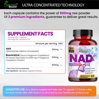 Humming Herbs NAD+ 600mg - Advanced Cellular Health & DNA Repair Formula - Energy and Metabolism Boost with Resveratrol and Polygnum Cuspidatum for Longevity & healthy Aeging