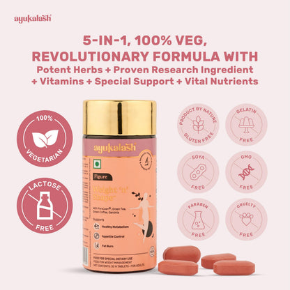 Ayukalash Weight ‘n’ Shape Tablets (30) – L-Carnitine, Garcinia, Green Tea & Green Coffee, Vegan – Men & Women