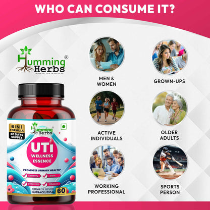 Humming Herbs UTI Wellness Essence 1100mg - Advanced 8-in-1 Urinary Tract Support Formula with Cranberry, D-Mannose, & Probiotics - Promotes Bladder Health & Immunity