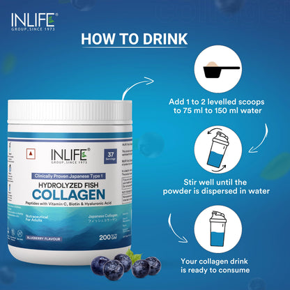 INLIFE Japanese Marine Collagen Supplements for Women & Men | Clinically Proven Ingredient with Biotin, Hyaluronic Acid, Vitamin C & Glucosamine (200g, Blueberry)