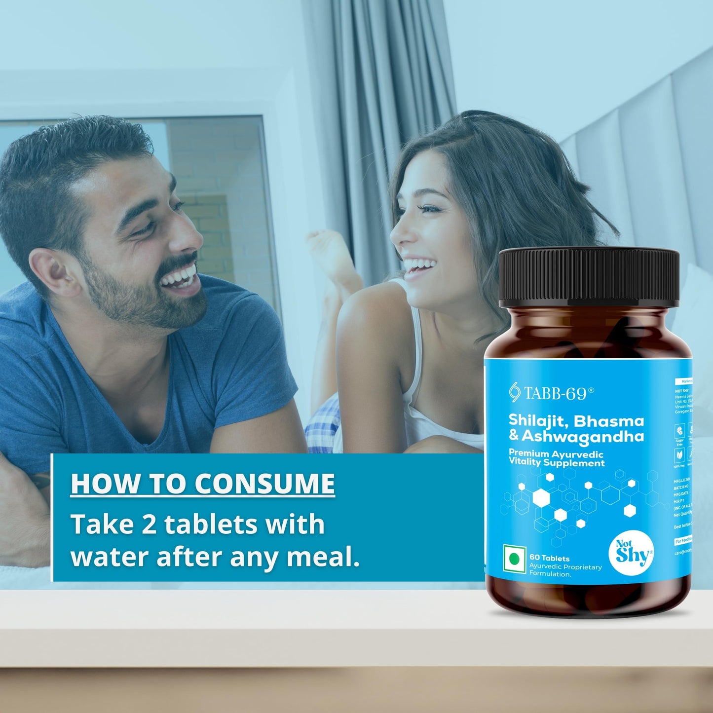 Not Shy TABB-69 | Ayurvedic Supplement with Shilajit, Ashwagandha, Kaunch Beej Safed Musli extracts, supports Energy, Stamina & Performance | 1 Bottle of 60 Tablets.