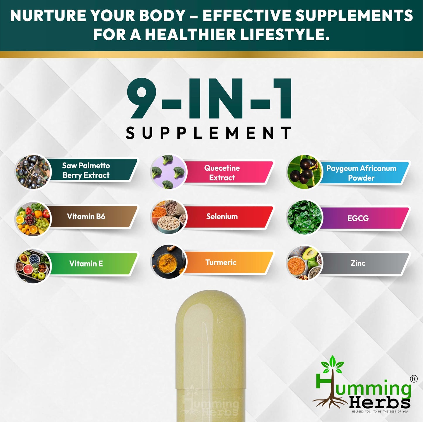 Humming Herbs Saw Palmetto Plus Urinary Support - Enhanced Formula with Quercetin, Turmeric, Pygeum, Vitamins E & B6, Zinc, Selenium for Men's Health - Veg Capsules - Herbal Supplement