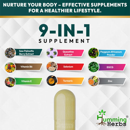 Humming Herbs Saw Palmetto Plus Urinary Support - Enhanced Formula with Quercetin, Turmeric, Pygeum, Vitamins E & B6, Zinc, Selenium for Men's Health - Veg Capsules - Herbal Supplement