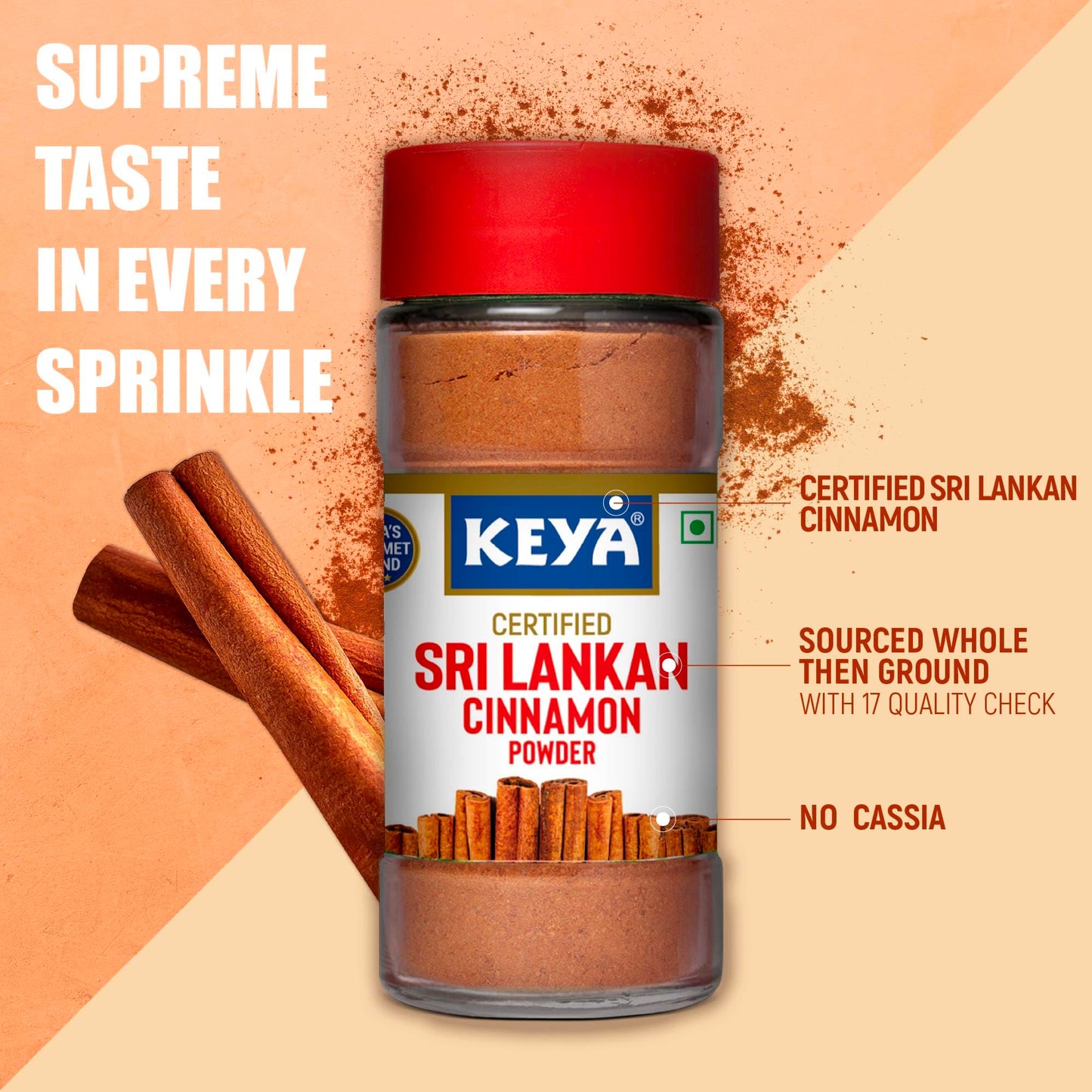 Keya Srilankan Certified Cinnamon Powder | Dalchini Powder | Ceylon Cinnamon | Non Cassia | Sourced from Sri Lanka | 100% Pure & Natural | Packed with Zero Preservatives or Additives | Indian Spices Aroma & Flavour | 45g