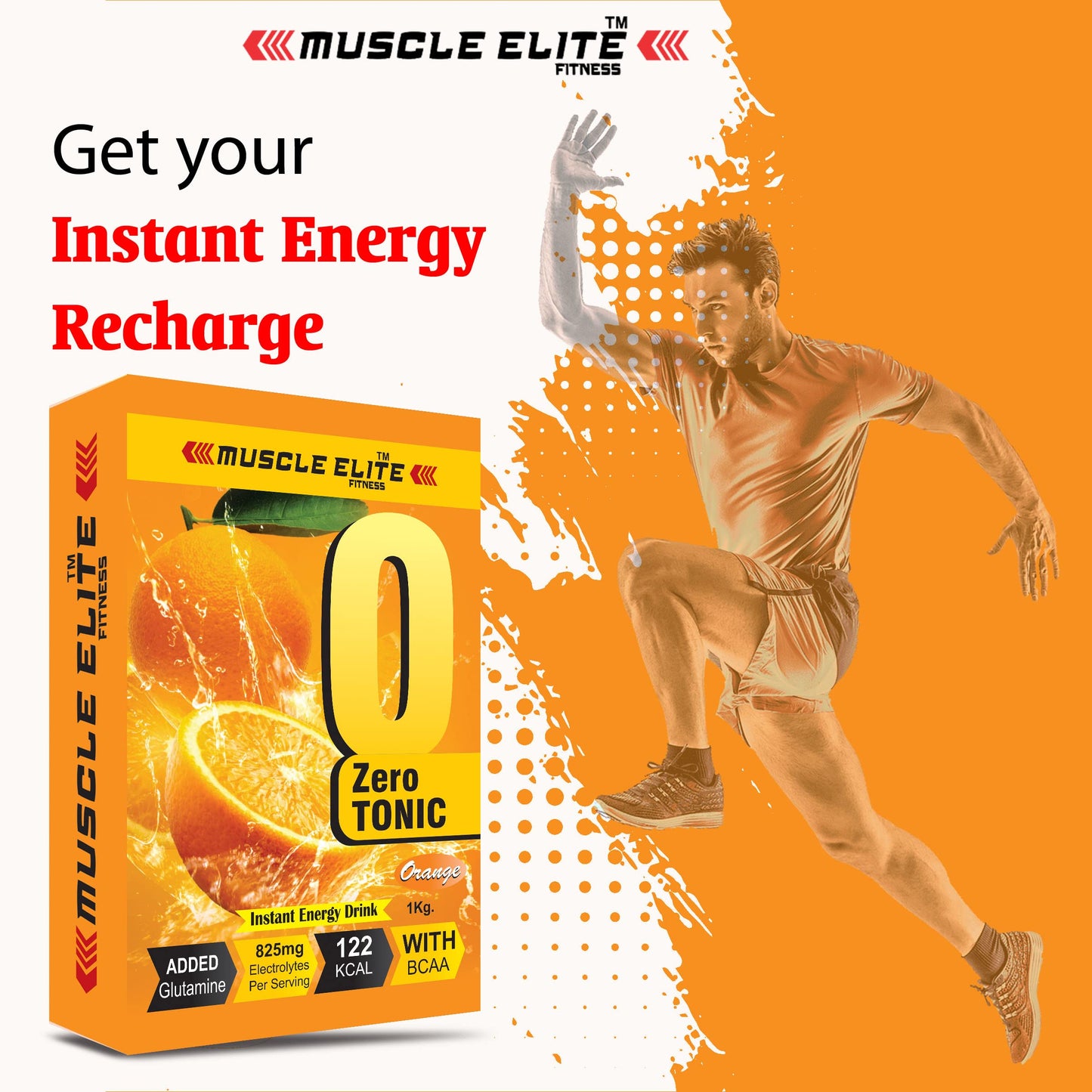 MUSCLE ELITE FITNESS Zero Tonic Instant Energy Drink Pre-Workout Electrolyte Energy Drink BCAA, Monohydrate and L-Glutamine Sports Supplement | 825mg Electrolytes [32 Servings] X1 Orange
