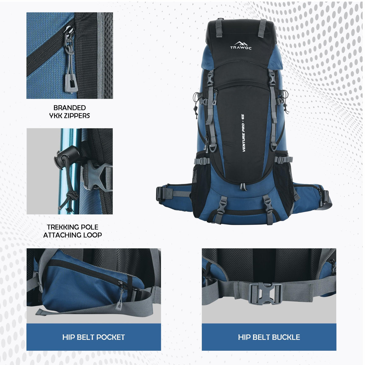 TRAWOC VENTURE PRO 65 Liter Internal Frame Camping Trekking Hiking Backpack Travel Bag for Men & Women Front & Top Loading Rucksack/Water Proof Rain Cover/Shoe Compartment, HK011 English Blue