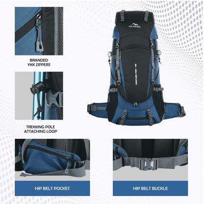 TRAWOC VENTURE PRO 65 Liter Internal Frame Camping Trekking Hiking Backpack Travel Bag for Men & Women Front & Top Loading Rucksack/Water Proof Rain Cover/Shoe Compartment, HK011 English Blue