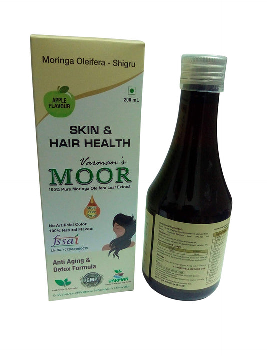 Skin and Hair health (Apple Green flavor) Nutraceuticals - Varman's MOOR 200 mL Sugarfree Moringa Oleifera (Shigru) Syrup