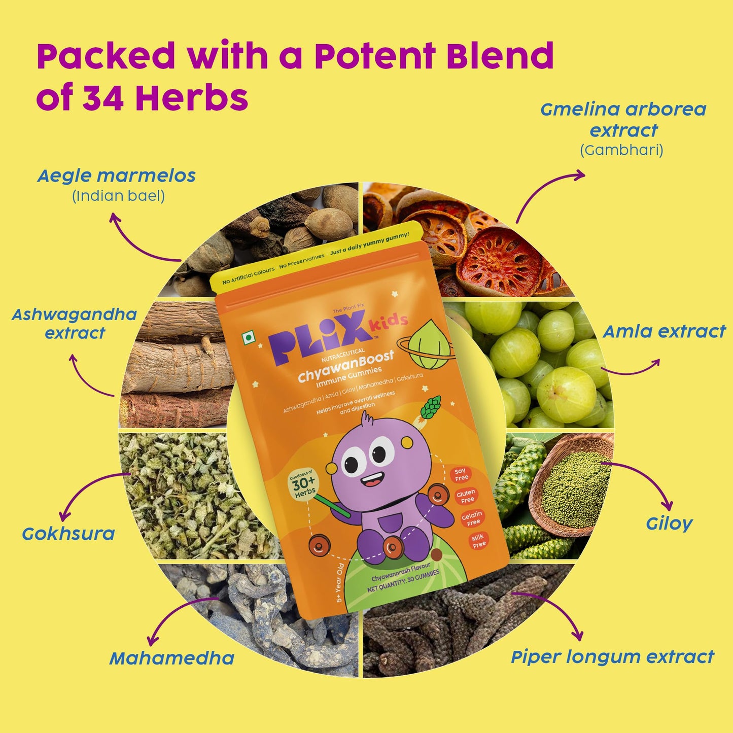 PLIX - THE PLANT FIX Kids ChyawanBoost Gummies | Helps Boost Immunity & Supports Digestion | with 34 Herbs | Amla & Ashwagandha Extract | Daily Use | 30 gummies