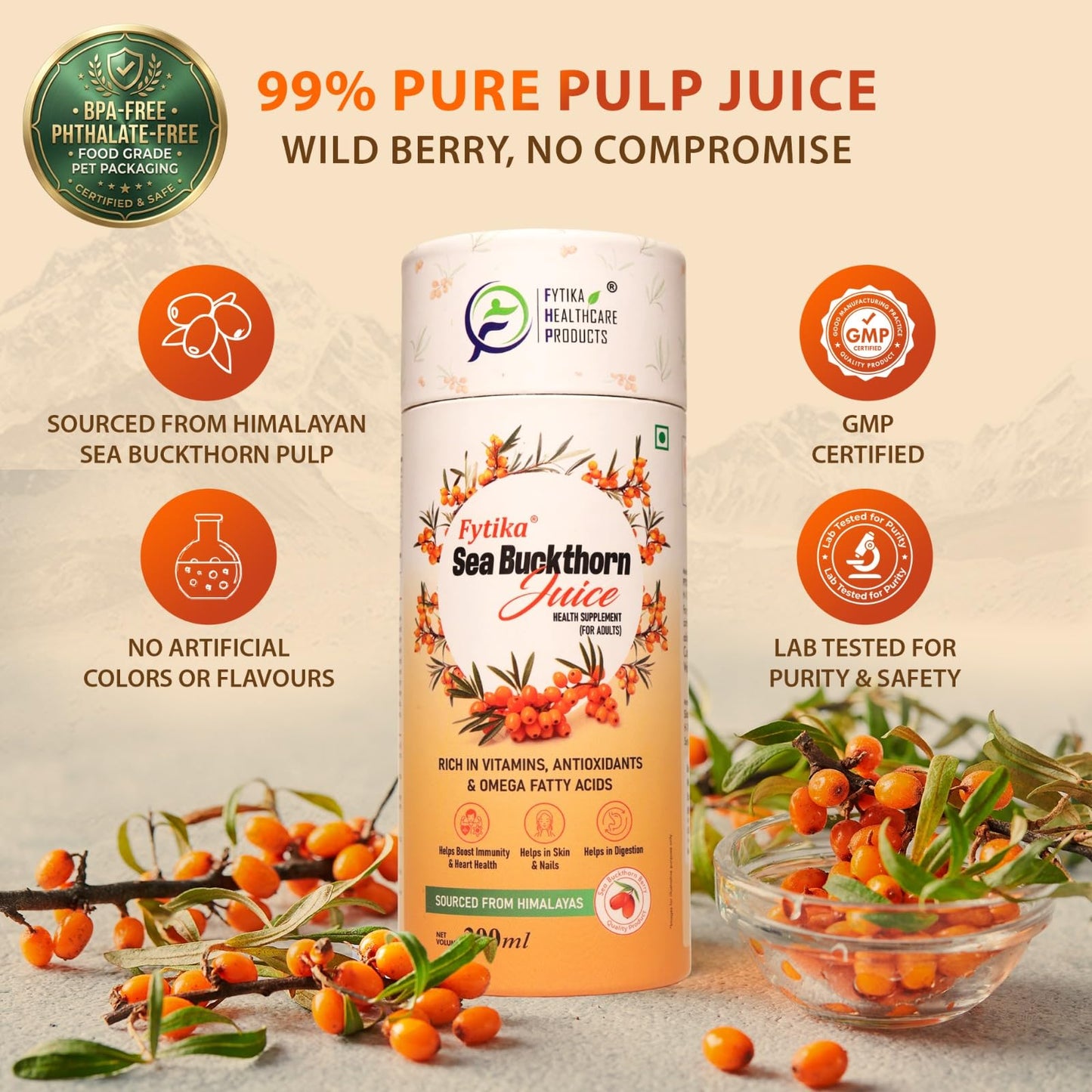 Fytika Sea Buckthorn Juice - 300 ML (PACK OF 1) | Pulp Concentrate Made for Your Total Body Care & Wellness | Rich in Vitamin C, Omega 3, 6, 7, 9 & Antioxidants | For Men & Women