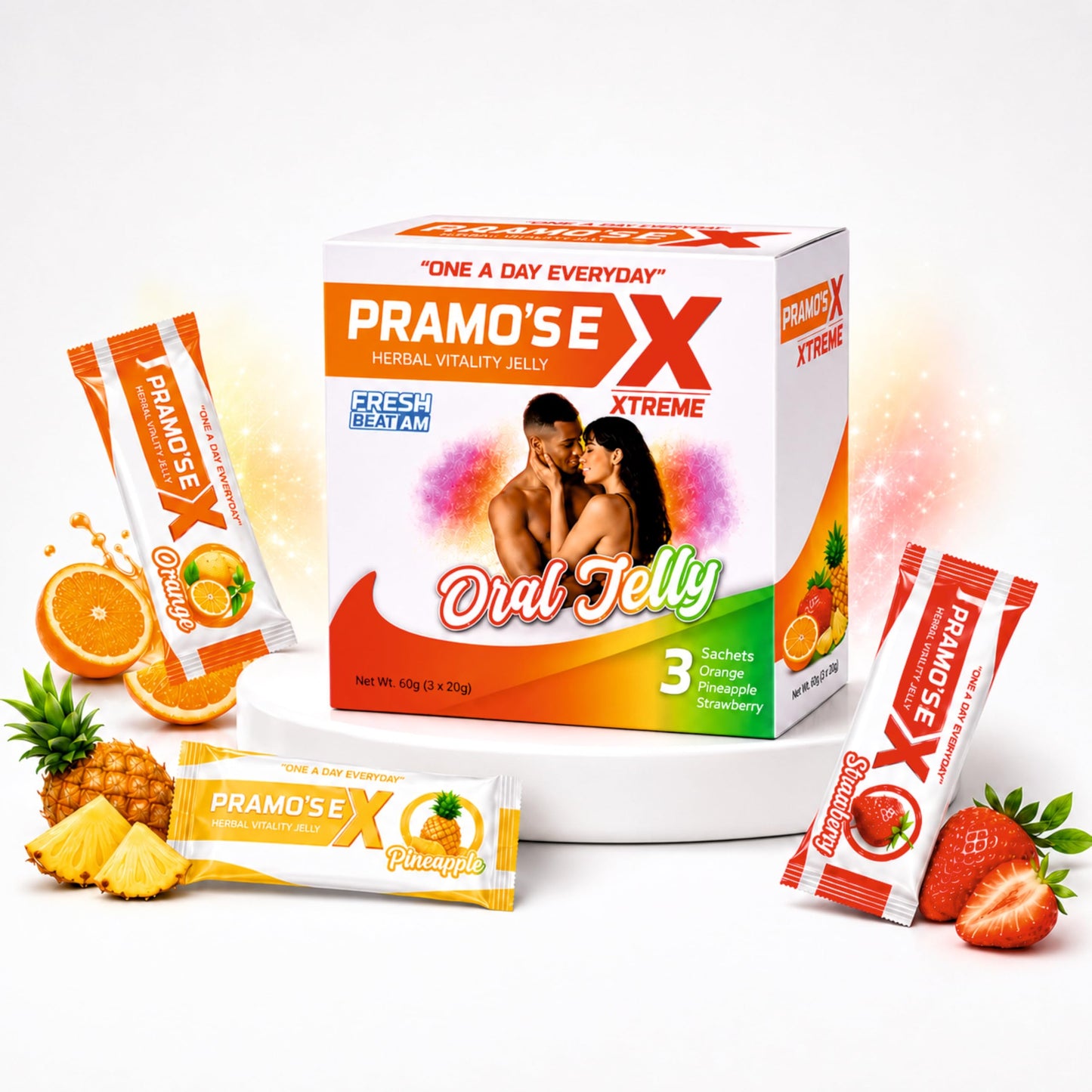 PRAMO'S E-Xtreme Oral Jelly for Men | Intimate Performance, Stamina & Vitality Support | Fast-Absorbing Supplement | 7 Sachets | Pineapple, Orange & Mango Flavours | 7 ml Each