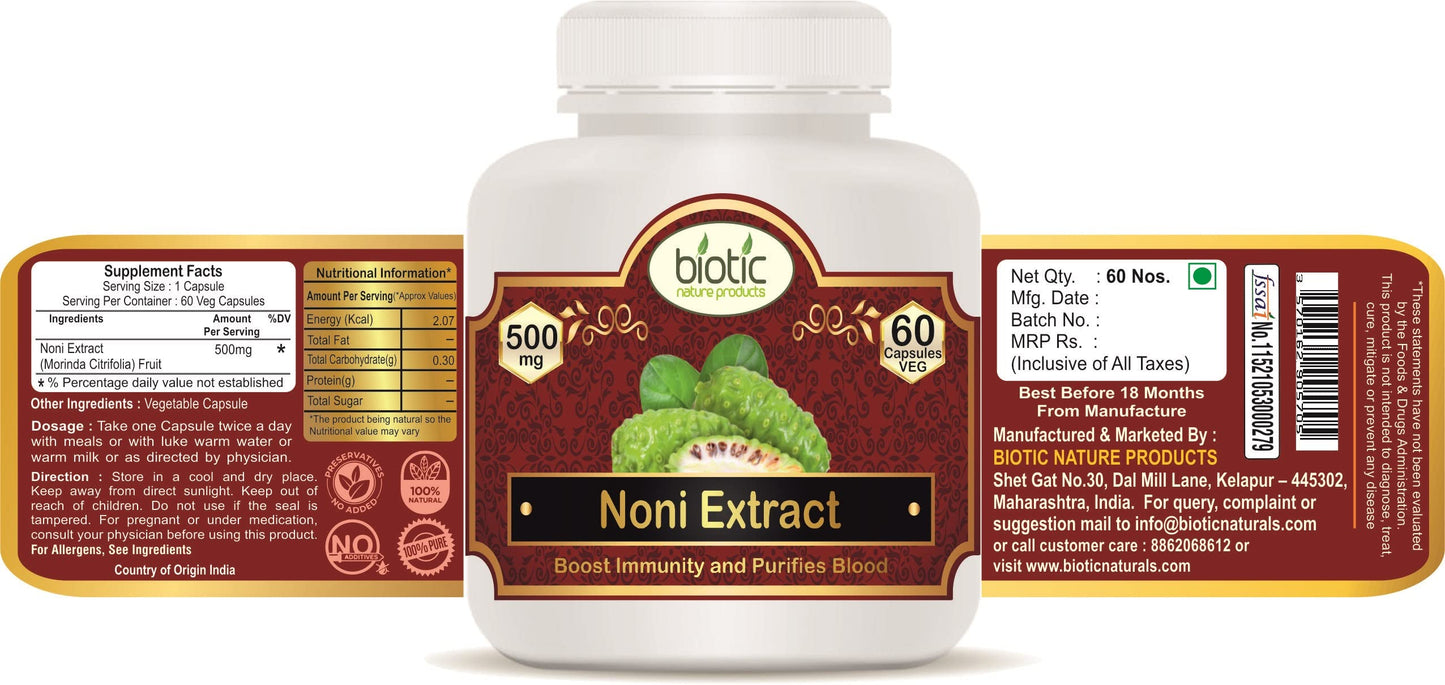 Biotic Noni Capsules - Morinda citrifolia - 500mg Extract - 60 Veg Capsules