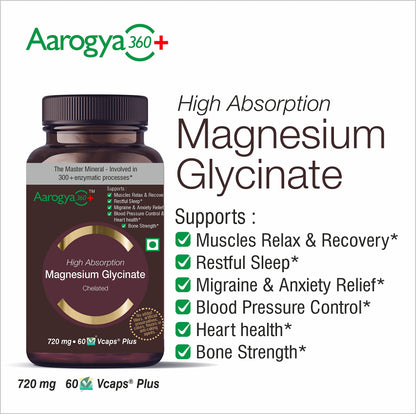 Aarogya360 Magnesium Glycinate + Vitamin B6 | 720 mg | High Absorption | Supplement to Support Stress Relief, Sleep, Heart Health, Nerves, Muscles, and Metabolism | 60 Capsules