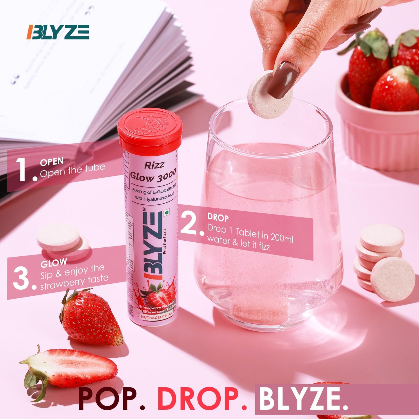 BLYZE Rizz Glow 3000 Glutathione Effervescent Tablets for Clear, Glowing and Youthful Skin – 500mg Glutathione with Hyaluronic Acid, No Sugar, No Maltodextrin – Pack of 1 (15 Tablets) Strawberry Flavor