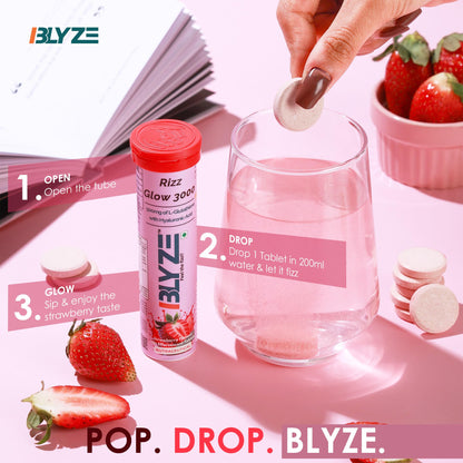 BLYZE Rizz Glow 3000 Glutathione Effervescent Tablets for Clear, Glowing and Youthful Skin – 500mg Glutathione with Hyaluronic Acid, No Sugar, No Maltodextrin – Pack of 1 (15 Tablets) Strawberry Flavor