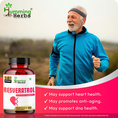 Humming Herbs Resveratrol 9000 mg Capsules | Supports Heart Health, Anti-Inflammatory & Antioxidant Benefits | 45 Days Supply | Vegan, Natural, High Potency | Nutraceutical Supplement - 90 Capsules