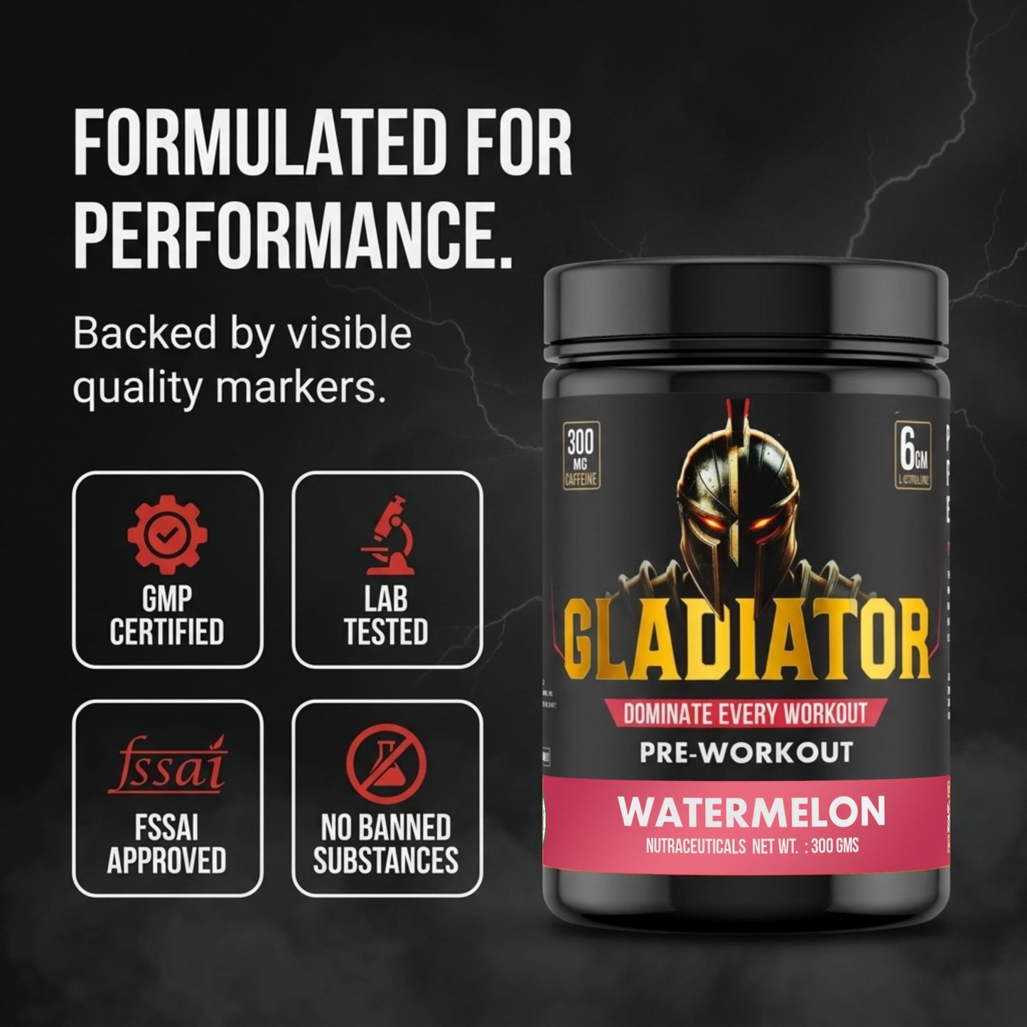 BEN Gladiator Pre-Workout 300 gm Watermelon |300 mg Natural CAFFEINE|EXTREME Pre Workout|6 gm L-Citrulline|Lazer Focus& INSANE pumps