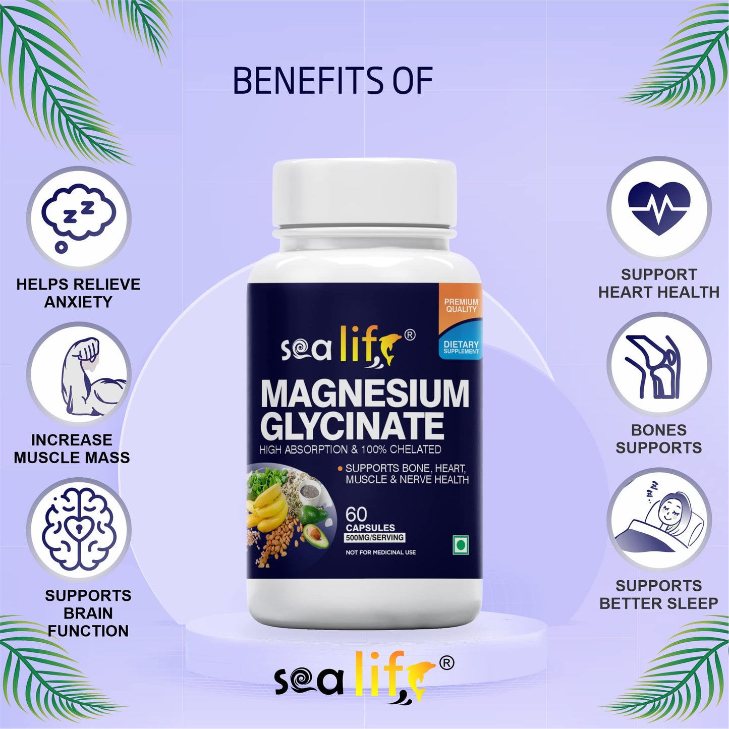 Sea Life Magnesium Glycinate 500 Mg Capsules|60 Veg Capsules Each | Magnesium Supplement | Improves Muscle & Nerve Function| Anti Stress Supplement | Better Sleep Quality | (Pack of-2)