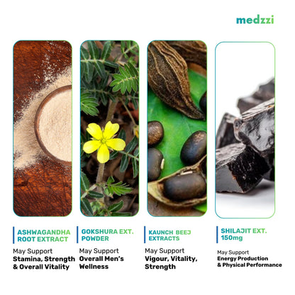 Medzzi Power-X Men’s Wellness Ayurvedic Veg Tablets | With Ashwagandha KSM-66, Shilajit, Gokshura & Kaunch Beej | Supports Stamina, Strength, Energy & Vitality | 30 Veg Tablets