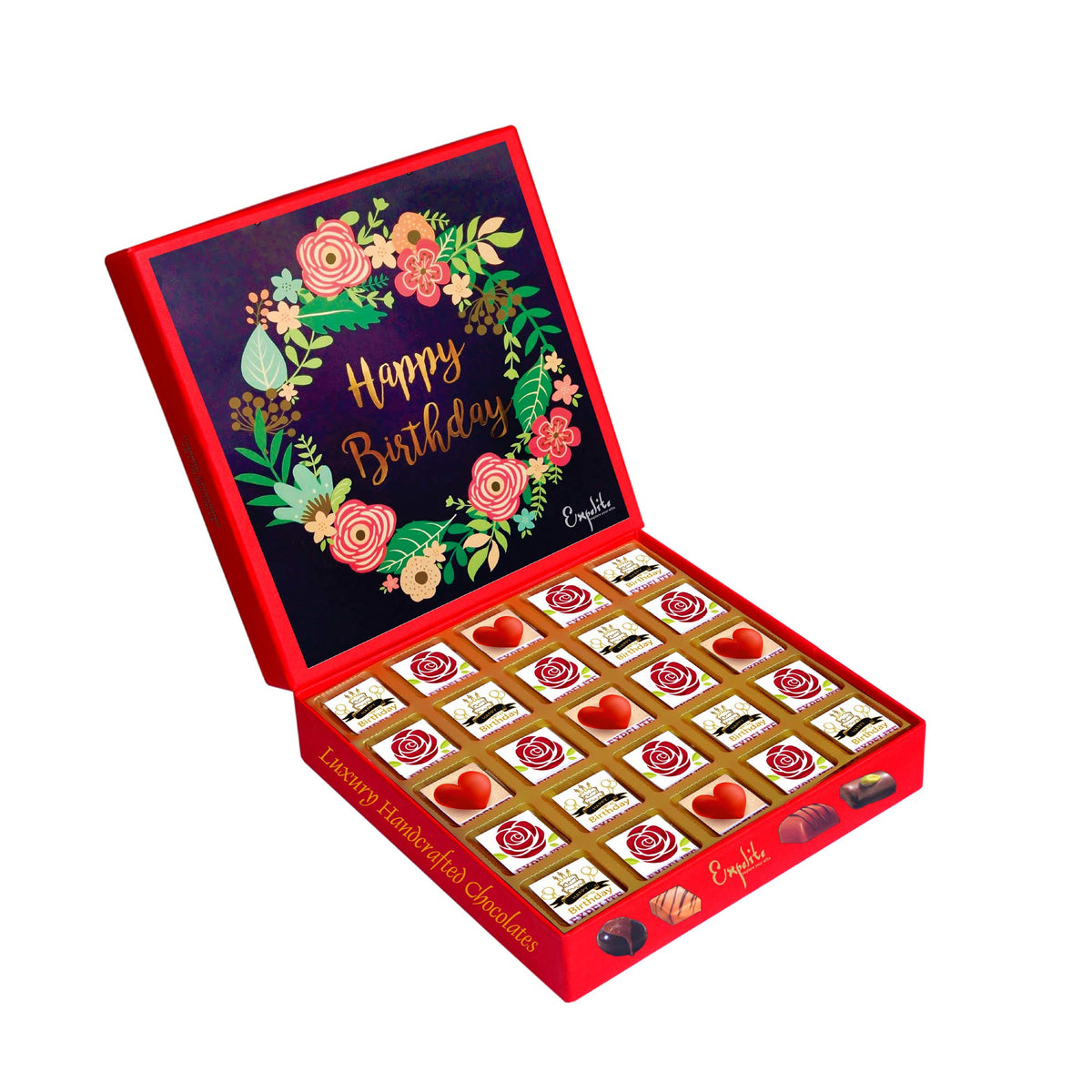 Expelite Birthday Flowers Theme Gift, 25 Pieces Chocolate Box With Birthday Greeting Card, Dry Fruits Almond, Cranberry, Paan, Butterscotch Flavour Chocolate Gift Pack