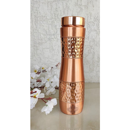 INDIAN ART VILLA Pure Copper Water Bottle With Half Lacquer Hammered Champion Design, Drinkware & Storage Purpose, Ayurvedic Health Benefits, Volume- 1000 ML