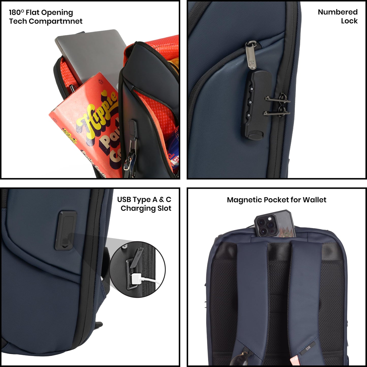 ICON The Iconic Laptop Backpack 30L | Premium Polyester, Fits 15.6" Laptops | USB Charging Port, Luggage Sleeve, Numbered Lock & Hidden Pocket | Water-Resistant, Multipurpose Unisex Laptop Bag - Blue.