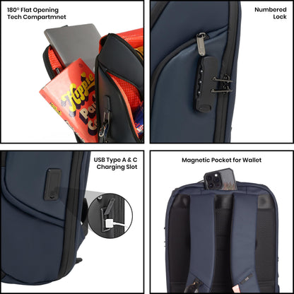 ICON The Iconic Laptop Backpack 30L | Premium Polyester, Fits 15.6" Laptops | USB Charging Port, Luggage Sleeve, Numbered Lock & Hidden Pocket | Water-Resistant, Multipurpose Unisex Laptop Bag - Blue.