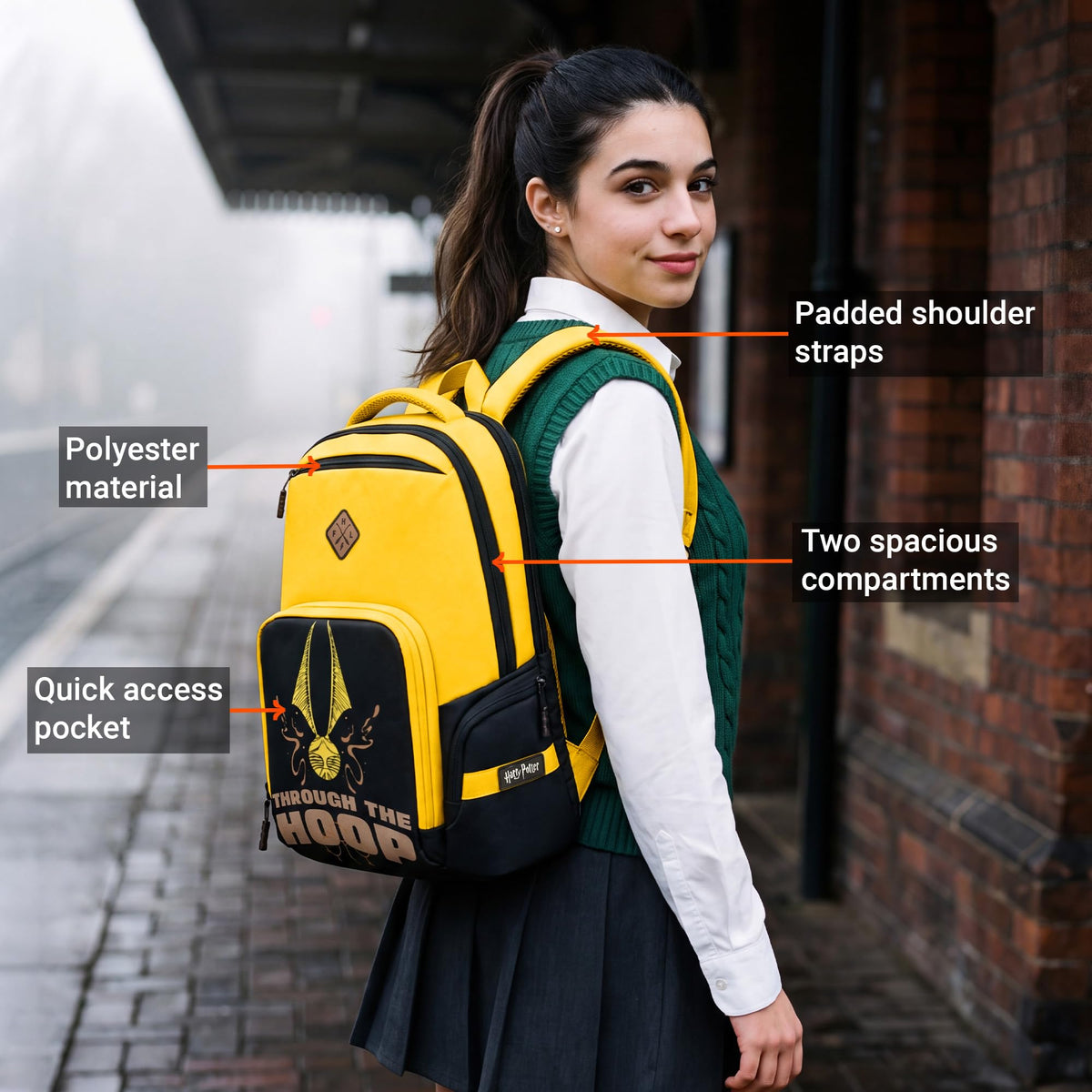 Nasher Miles x Harry Potter Miles Hooperpack Backpack | Polyester Laptop Backpack 29L | Ideal for Office, College, School & Travel | Men, Women, Boys, Girls (Yellow)