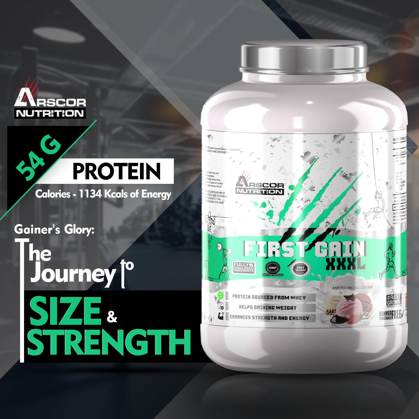Arscor's First Gain Mass Gainer Powder | High-Calorie Weight Gainer with Whey Protein & Complex Carbs | Muscle Mass & Strength Builder | No Added Sugar (2.5 Kg, Mango Vanilla)