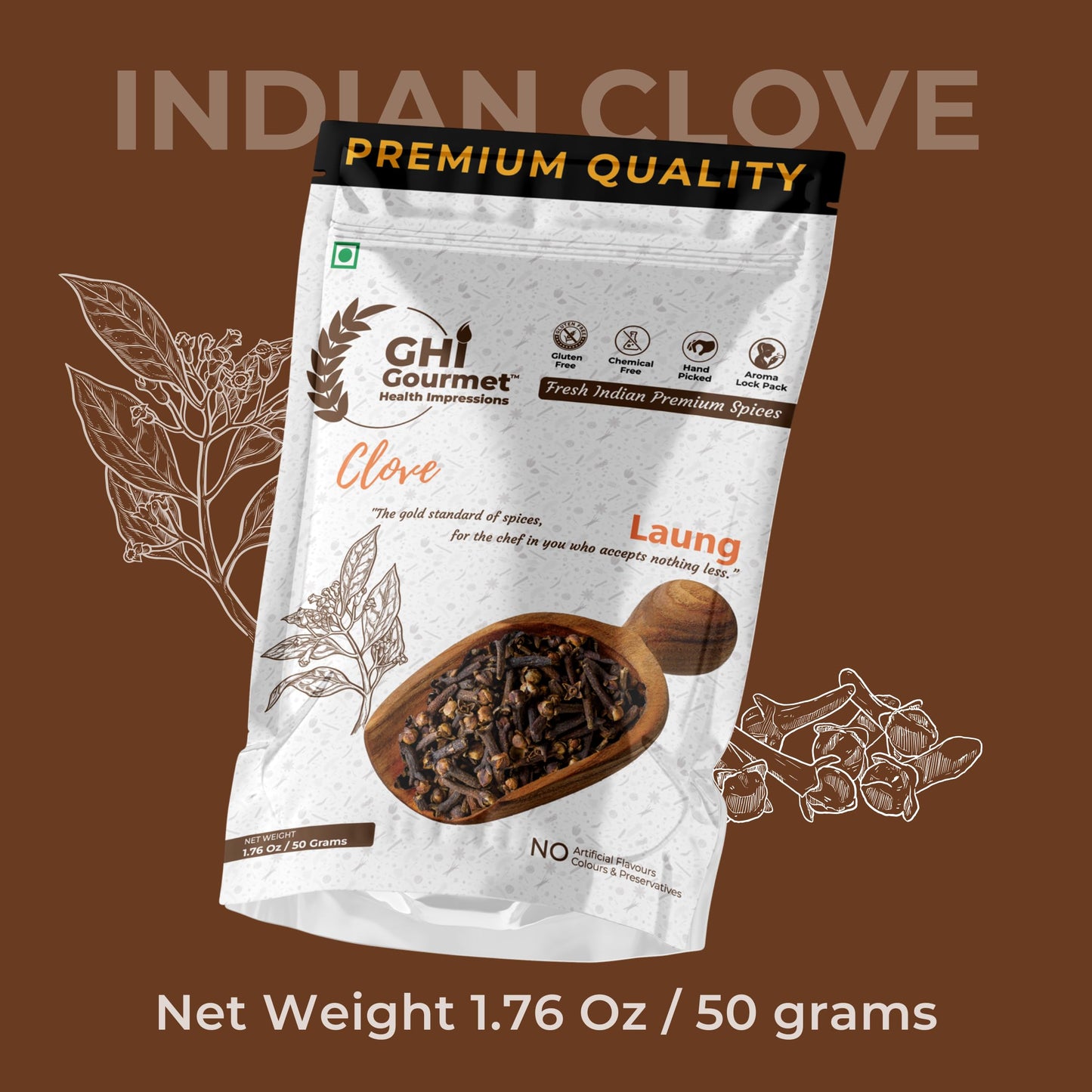 GOURMET HEALTH IMPRESSIONS Superior Grade Whole Clove (Laung) 50g - Rich Aroma, Handpicked, Non-GMO - Perfect for Flavorful Cooking & Aromatic Infusions | GHI Foods | GHI SPICES