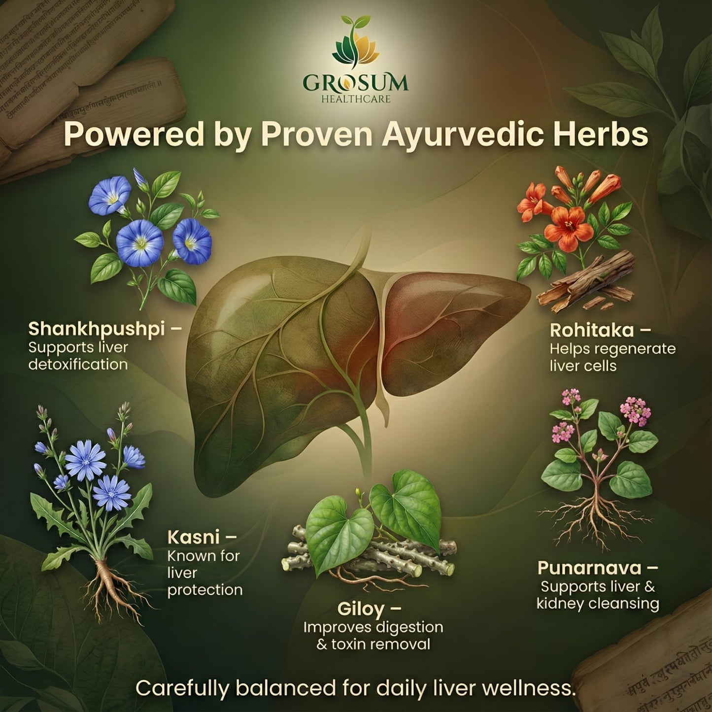 Grosum Liver Syrup – With 17 Ayurvedic Herbs like Rohitaka, Punarnava, Guduchi & Amla, 200ml