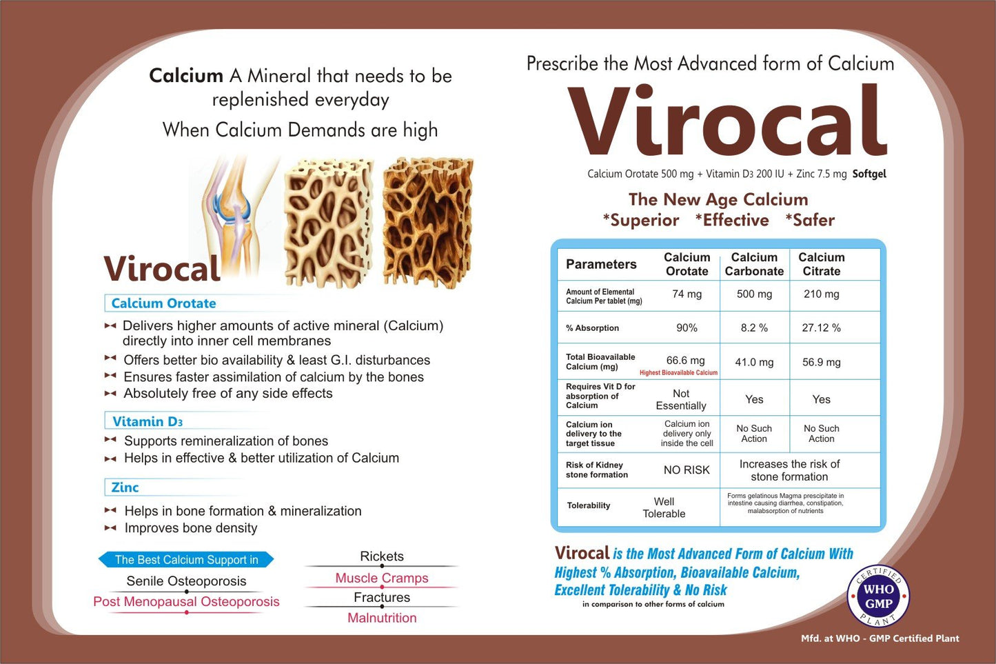 Virocal - Calcium Orotate + Vitamin D3 + Zinc Supplement for Bones & Muscle Strength 30 Tablets (Pack of 3)