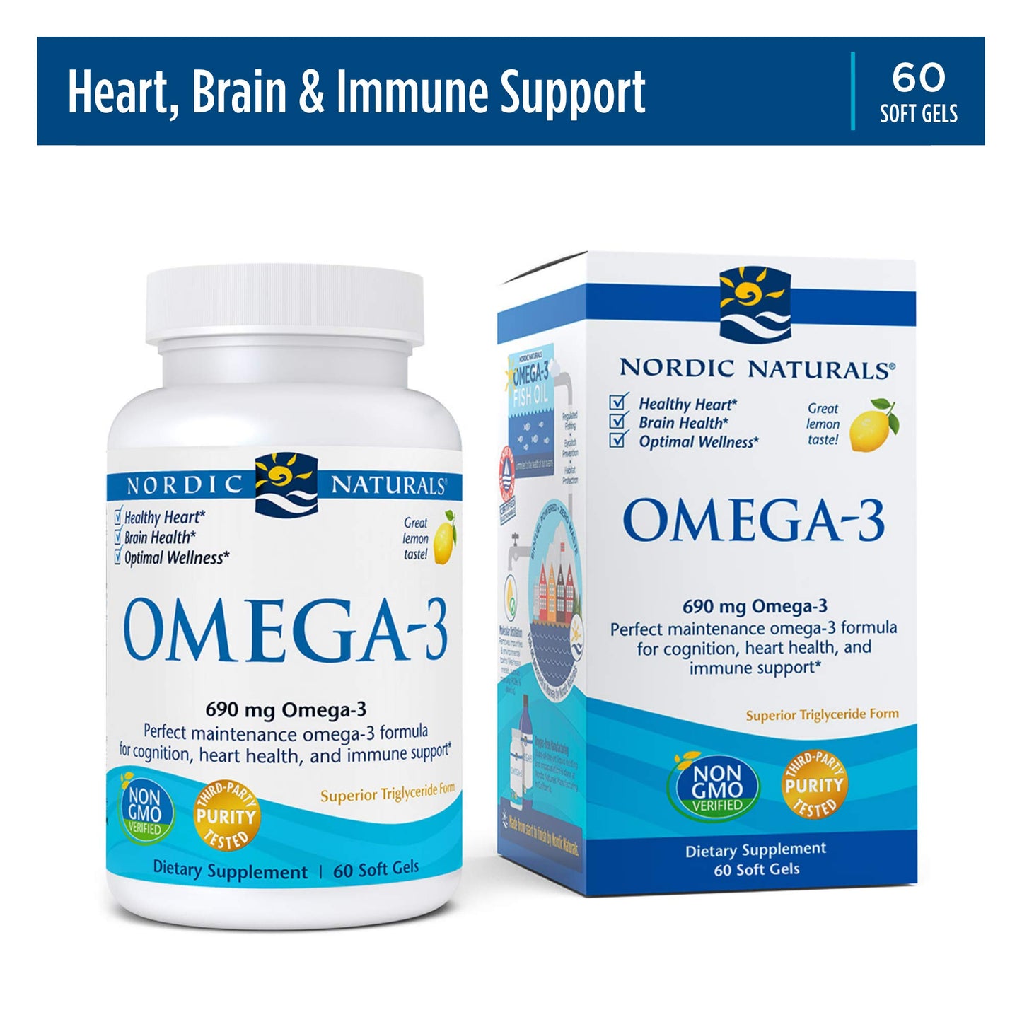 Nordic Naturals Omega 3 Fish Oil EPA And DHA | 690Mg Omega 3 Support Brain, Heart Health & Immunity | For Men & Women Lemon Flavour Fish Oil 60 Softgels