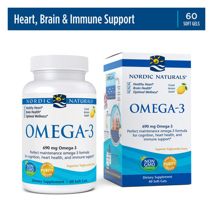 Nordic Naturals Omega 3 Fish Oil EPA And DHA | 690Mg Omega 3 Support Brain, Heart Health & Immunity | For Men & Women Lemon Flavour Fish Oil 60 Softgels