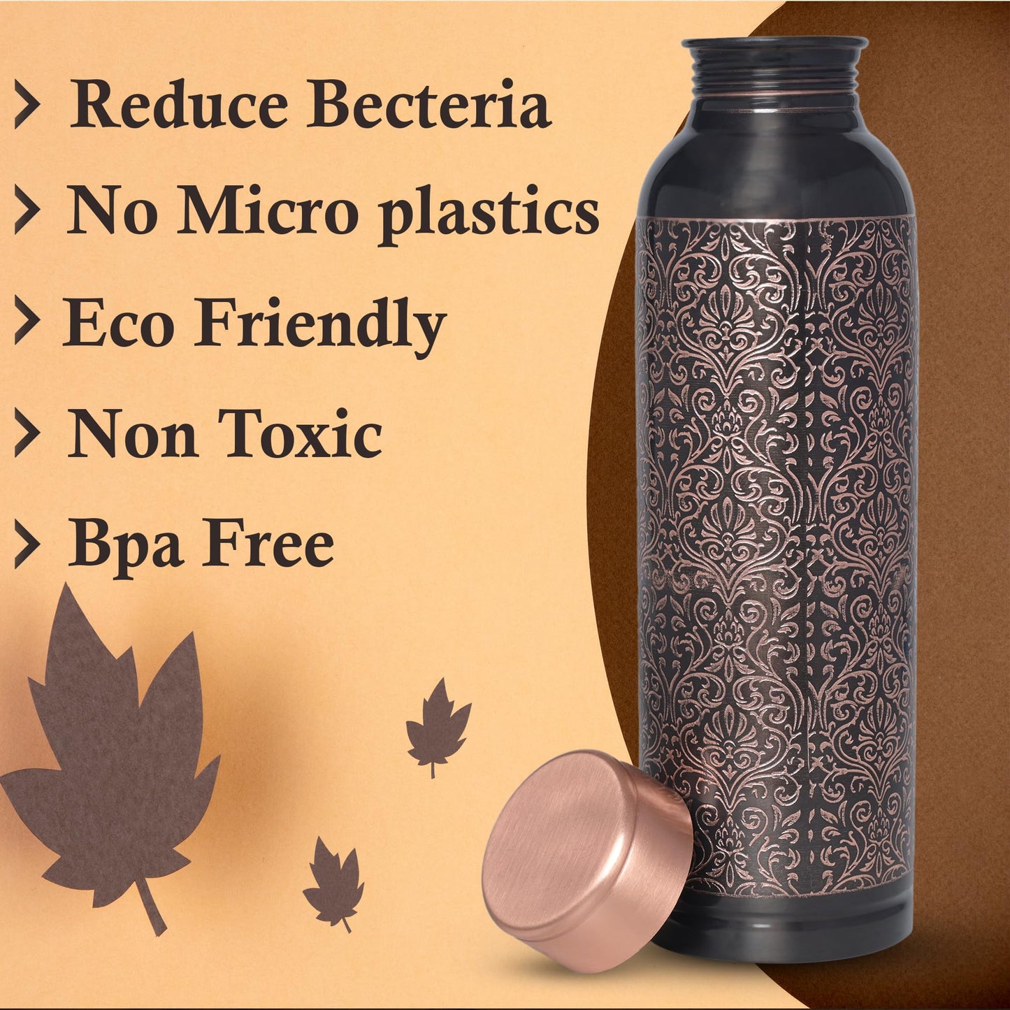 Di: Decorative India Premium Copper Carving Water Bottle With Black Antique Design Glossy Finish 1000Ml Joint Free And Leak Proof Bottle For Ayurvedic Health Benefits Yoga (Copper)