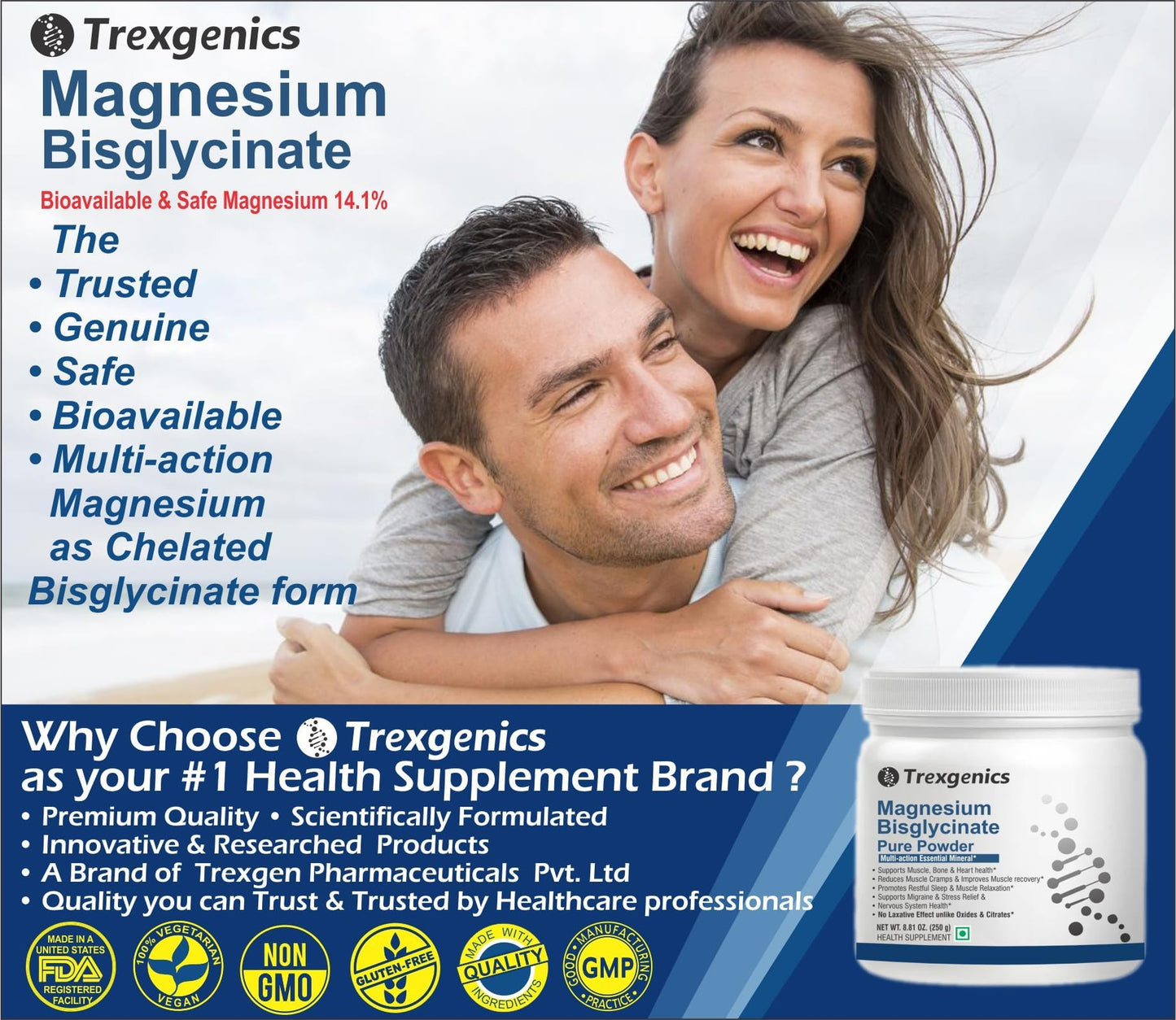 Trexgenics MAGNESIUM BISGLYCINATE PURE POWDER provides a highly bioavialble form of Magnesium, No Laxative effect, added benefits of the amino acid Glycine (Pack of 1)
