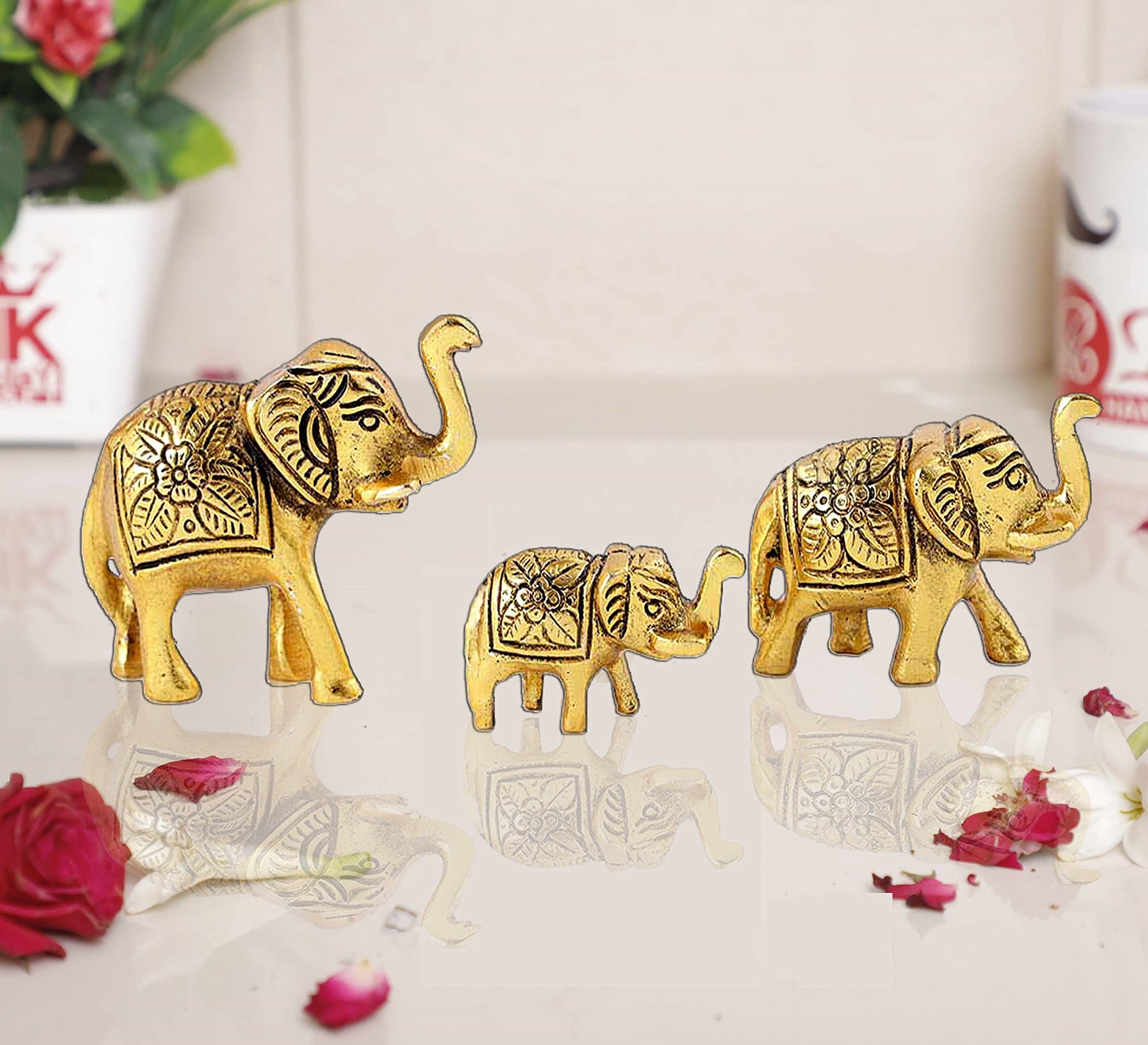 Elephant Showpiece Metal Statue Small Size Gold Polish 3 pcs Set for De- image 4