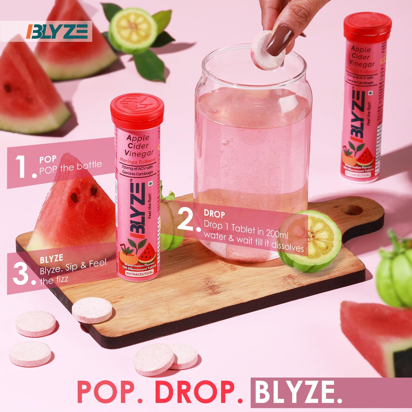 BLYZE ACV Moringa TriBoost, Apple Cider Vinegar 750mg with Moringa, Control Cravings and Weight Management, No Added Sugar, Effervescent Tablets, Watermelon Flavour, Pack of 1 (15 Tablets)